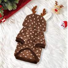 1pc Deer Horn Hooded Pet Two-Legged Outfit, Polka Dot Pattern, Ribbed Cuffs And Hem, Cute Transformation Style, Suitable For Small And Medium Cats And Dogs, Warm For Autumn And Winter - Brown - View 5