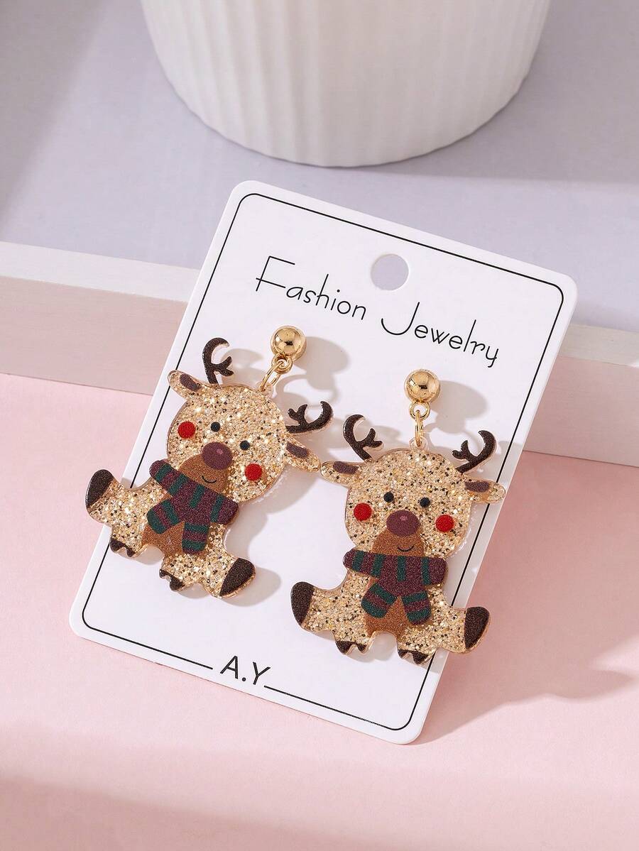 1 Pair Christmas Shiny Reindeer Print Design Women's Fashion Earrings, Suitable For Holiday Party Wear And Gift Giving - Multicolor - View 1