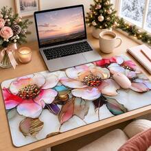 1 buah Alas Mouse Motif Bunga Kaca Patri Besar, Alas Meja Mewah Bergambar Bunga Berwarna-warni dengan Garis Emas, Alas Keyboard Gaming Anti Selip - View 3