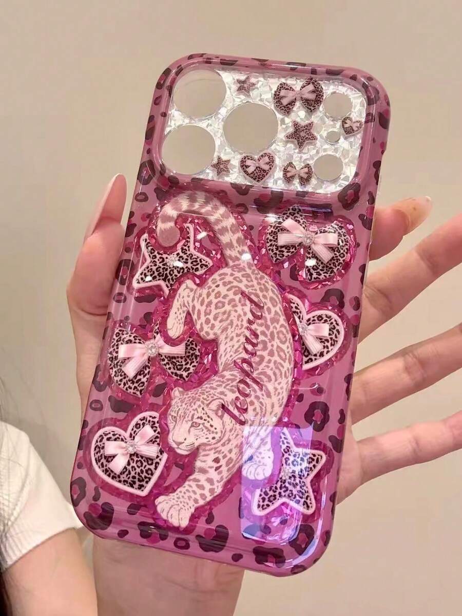 Ins Hot Girl Style Pink Leopard Print Phone Case Compatible With Apple 18 Pro Max, 17 Pro, New 16, Creative 15, Women 18 PM Full Coverage 17 Pro Dual Layer Anti-Drop Phone Cover - Pink - View 1