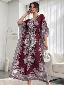 Middle Eastern Arabic Style Tie-Dye Contrast Color V-Neck Loose High-End Casual Reversible Elastic Waist Slimming Vacation Short Sleeve Maxi Fall Red - Red - View 1