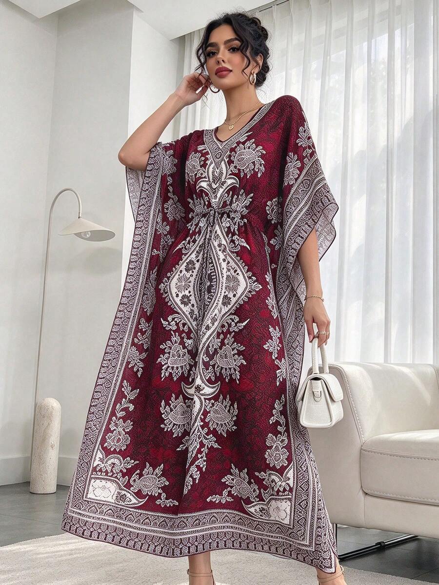 Middle Eastern Arabic Style Tie-Dye Contrast Color V-Neck Loose High-End Casual Reversible Elastic Waist Slimming Vacation Short Sleeve Maxi Fall Red - Red - View 1