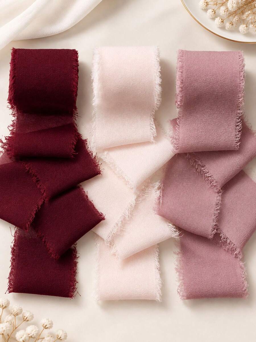 3 Rolls 3 Colors Handmade Chiffon Ribbon, Suitable For Wedding Invitations, Mother's Day, Bridal Bouquets, Gift Wrapping, DIY Crafts