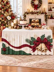 1pc Christmas Table Skirt, White Green Holly Berry Bell Bow Snowflake Print Polyester Ruffled Table Cover, Festive Decorative Table Skirting For Dining Table, Buffet, Dessert Table, Xmas Party, Holiday Dinner And Home Decor - A - View 6