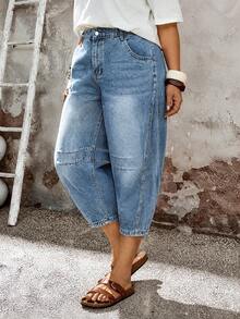 Celana Jeans Kasual Wanita Ukuran Besar Model Lurus, Potongan Pendek, Dengan Saku, Cocok Untuk Kencan, Suasana Santai, Liburan, dan Gaya Bohemian. - Biru - View 3