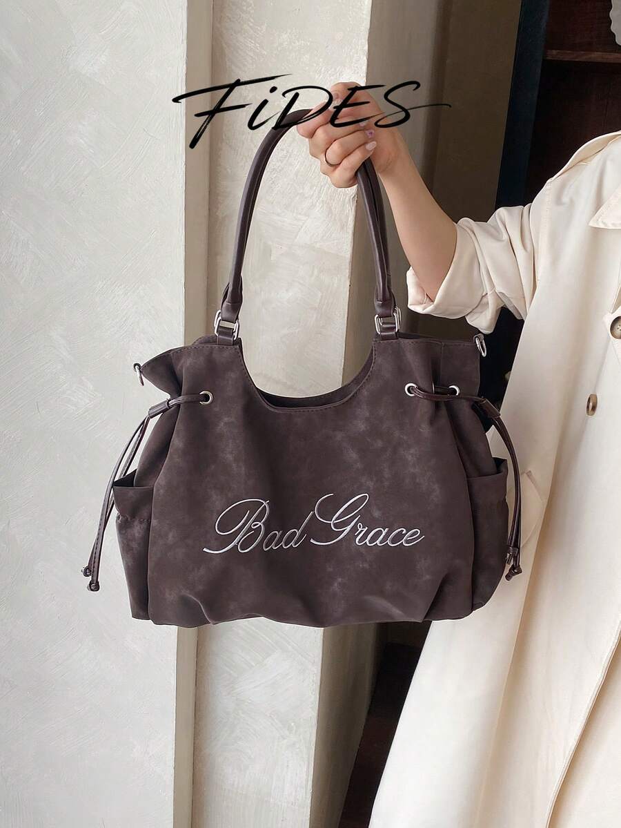 1PC New Women's Matte Embroidered Letter PU Tote Bag, Drawstring Shoulder Large Capacity Commuter Underarm Bag, Casual Daily Work Versatile Handbag Crossbody Bag