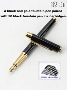 Premium Metal Fountain Pen, + 50 Ink Refills (51 Pieces Total), Classic Black & Gold Signature Style, Smooth Writing Business Gift Pen, Suitable For Daily Office Use - A - View 9