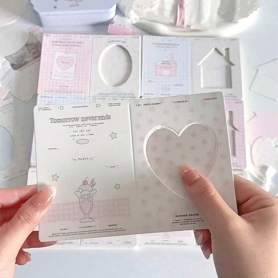 54pcs Mesh Hollow Cut-Out Foldable Cards, Heart, House, Oval Shaped Window Mini Foldable Cards, Thick Hard Paper Material Photo Cards, Card Packaging Inserts, Suitable For Idol Photos, Decorative Foldable, Halloween, Christmas, Holiday Gifts (Random Patterns) - A - View 1