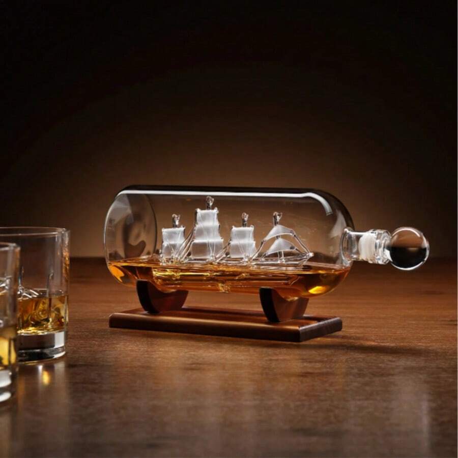 Ship In A Bottle Whiskey Decanter 1000ml With Wooden Stand – Borosilicate Glass Decorative Decanter For Whisky - View 1