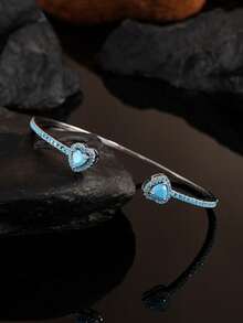 1/3件組 時尚不鏽鋼925銀女款心形水鑽手鍊，附14K金心形銅鑲人工鋯石開口手鐲，適合女性日常配戴，節日禮物，時尚女款手鍊套組 - 銀色 - 查看 7