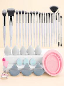 33pcs Multi-Function Makeup Tool Set, Includes 20 Makeup Brushes, 1 Silicone Brush Cleaning Bowl, 1 Eyelash Curler, 11pcs Powder Puff & Makeup Sponge Set, Classic Best-Selling Makeup Tool Set - Multicolor - View 2