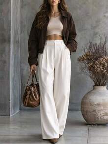 Vuslat Women's Autumn Lazy Minimalist Pleated Wide Leg Suit Pants, Commuting, Office, Campus, Daily, Outing - White - View 3