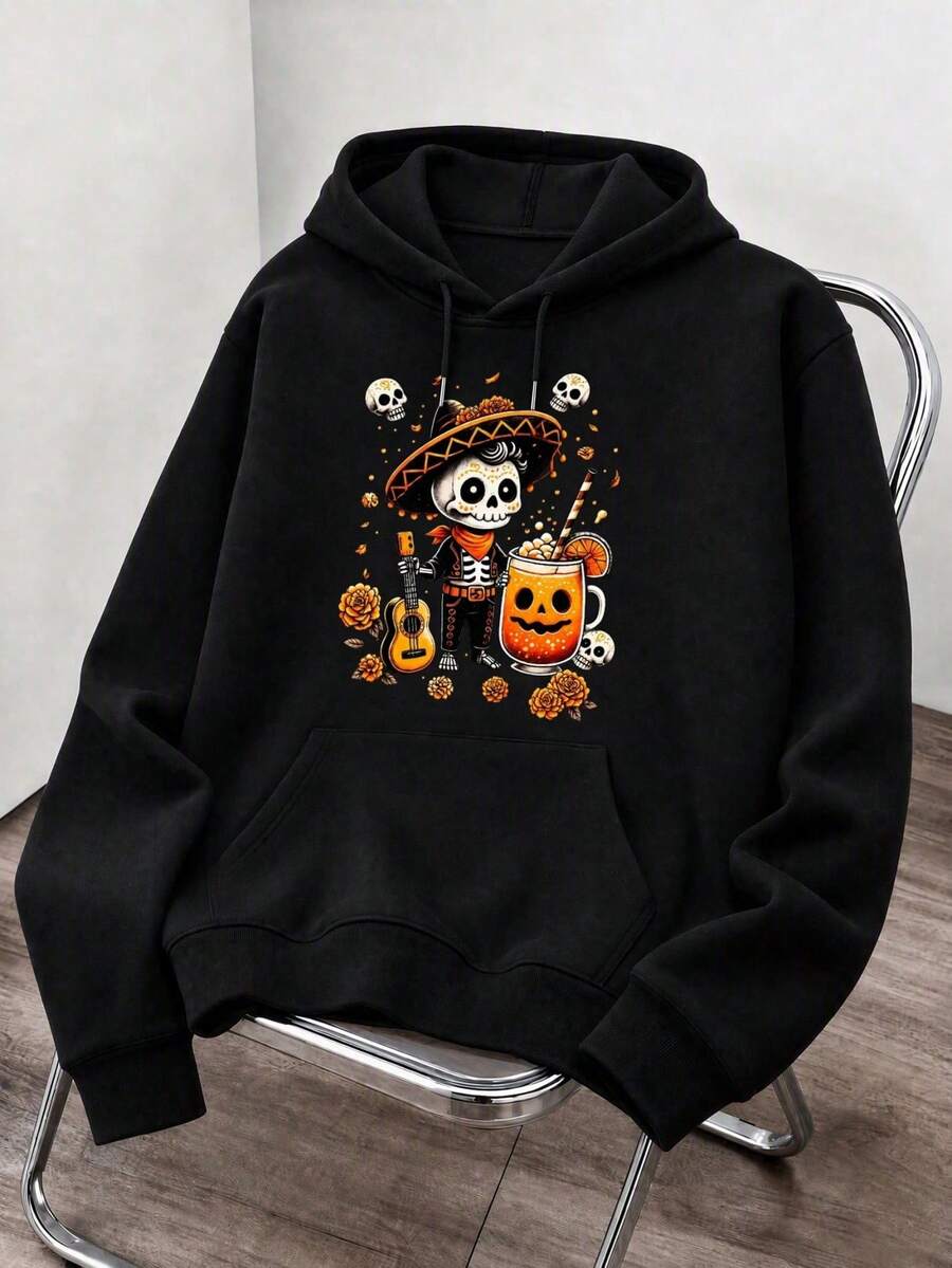 Sudadera con capucha estampada del Día de los Muertos para hombre, una pieza, estilo sencillo y versátil, ideal para salidas diarias y celebraciones en otoño e invierno. - A - Ver 1