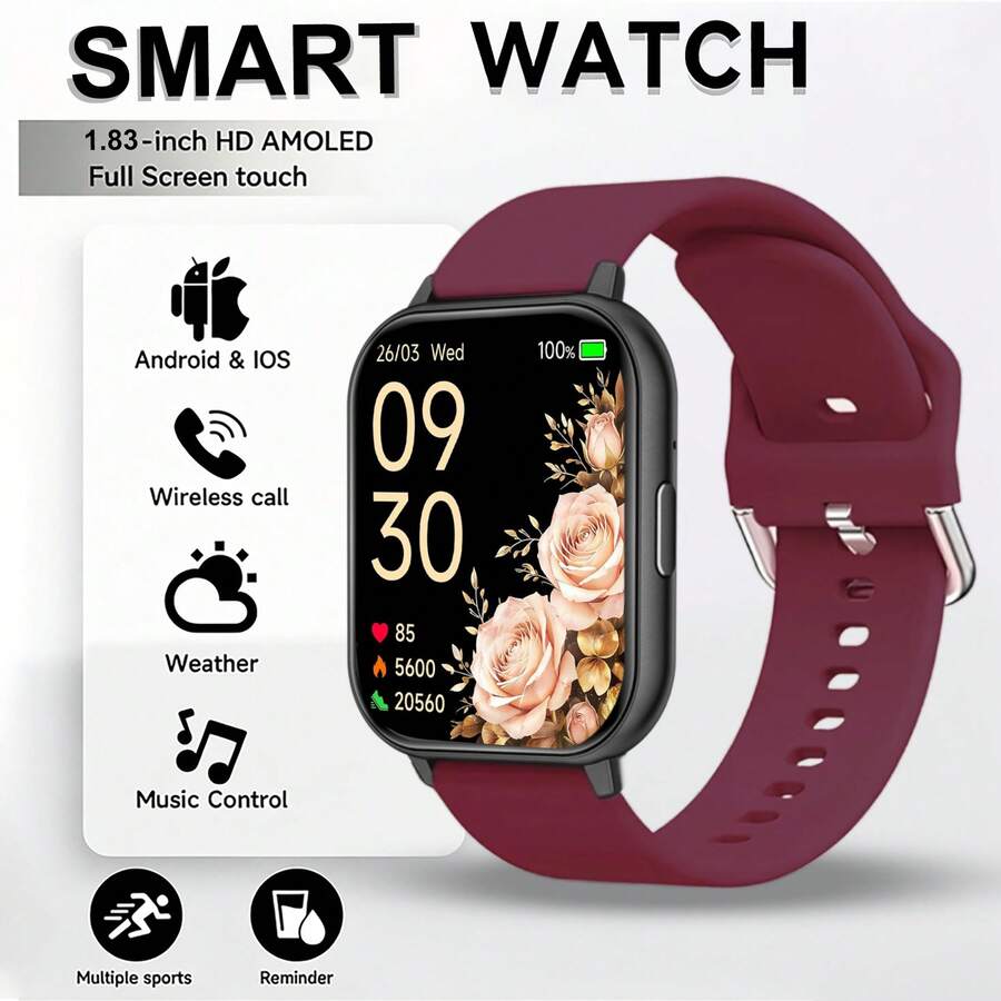 Latest 1.83inch Screen Fashion Design Full Touch Outdoor Sports Smartwatch, Suitable For Men And Women, Supports Wireless Calling, Message Notification, Fitness Tracking, Pedometer, Wireless Music, Multiple Sports Modes, Perfect Holiday Gift