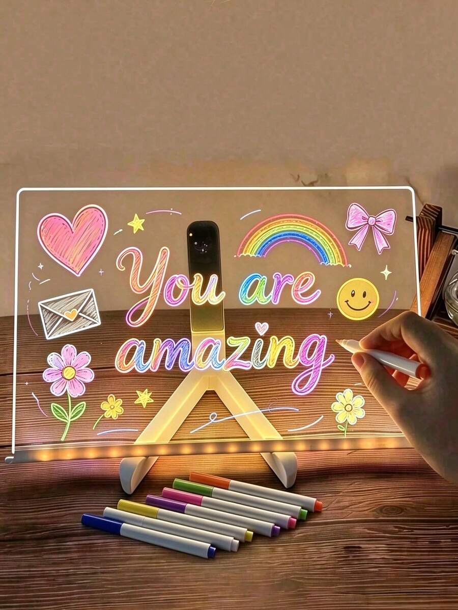 LED Glow Acrylic Graffiti Board, Light Up Erasable Drawing Tablet With Stand, Kids DIY Message Board, Art Supplies For School Classroom And Parent-Child Craft, Birthday & Christmas Table Decor, Holiday Gift For Boys And Girls, Desktop Home Decor