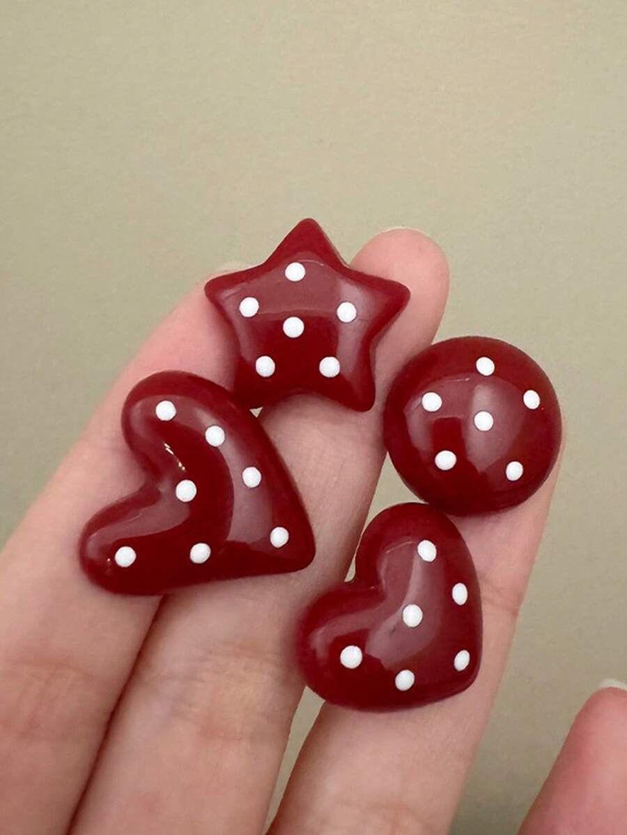 1 Pair Red Polka Dot Stud Earrings , Heart Star Round Shape Retro Style Ear Jewelry, For Women Daily Dating Party Wear, - Red - View 1