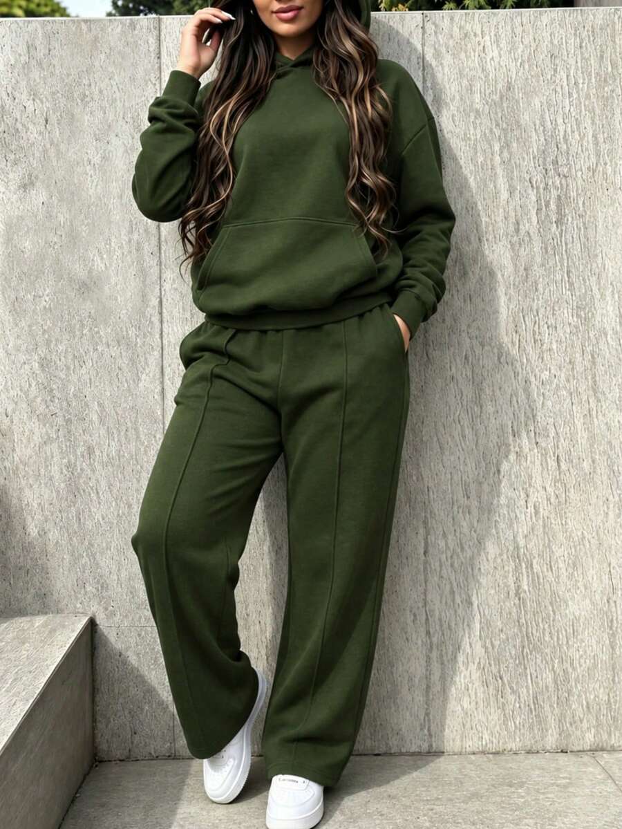 Autumn/Winter Best-Selling Women's Set, Fashion Solid Color Hooded Sweatshirt And Loose Straight-Leg Pants 2 Pieces Set - Army Green - View 1