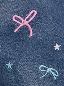 1PC Girls Y2K Colorful Asymmetrical Bow & Star Embroidered Loose Wide Leg Denim Jeans, Outdoor Casual Loose Straight Leg Pants - Medium Wash - View 5