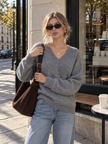 Women's Grey V-Neck Knitted Sweater With Drop Shoulder Long Sleeves Rib-Knit Regular Hem Pullover For Fall & Winter - Grey - View 4
