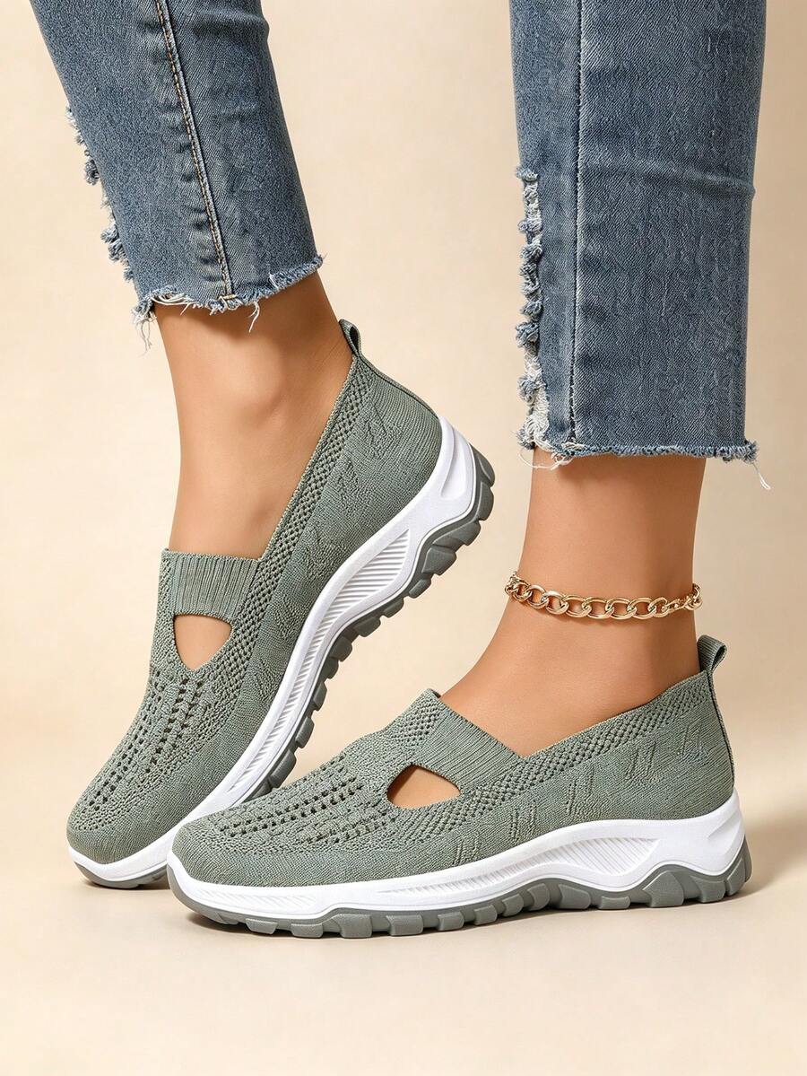 Women's Orthopedic Slip-On Walking Shoes, Breathable Knit Mesh Athletic Sneakers With Arch Support, Lightweight Non-Slip Flat Shoes For Daily Wear And Travel - Army Green - View 1