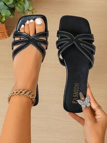 Women's Square Toe Flat Slide Sandals, Contrast Stitching Design, Summer Outdoor Wear, Minimalist Open Toe Slippers - Black and White - View 6