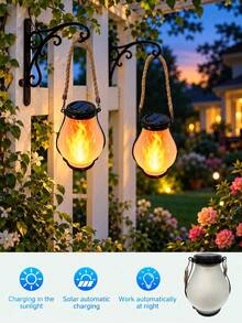 POSE UP 2/4PCS Solar Lantern Lights, IP44 Waterproof Rustic Glass Jar Hanging Lamps With Rope Handle, Flickering Flame LED Solar Garden Lights For Pathway, Camping, Backyard, Patio, Garden Decor, Holiday Seasonal & Outdoor Party Decoration - Glass Flame Jar - View 9