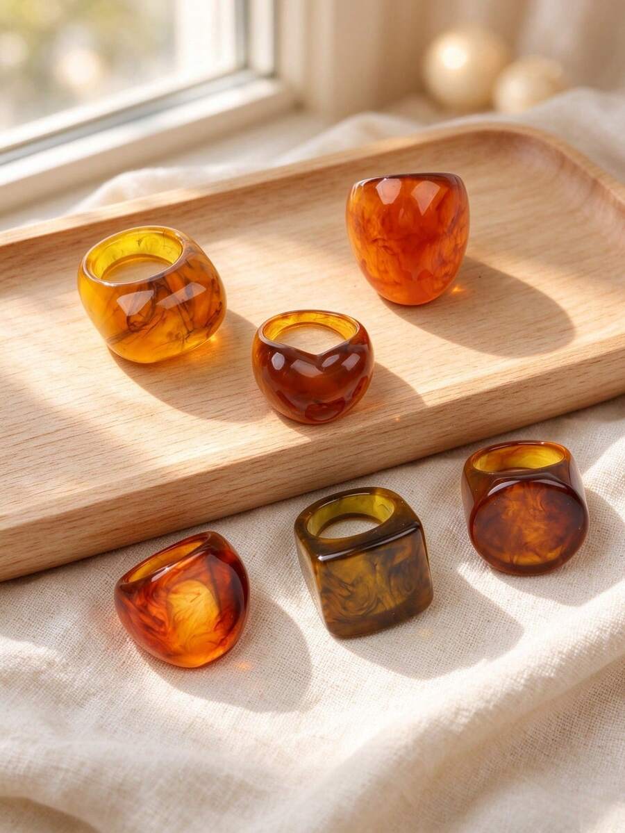 5/8 Pcs Vintage Chunky Resin Ring Set For Women, Retro Amber Marble Pattern Wide Band Geometric Stackable Finger Rings Daily Party Jewelry Gift - Vintage Irregular Resin Ring - View 1
