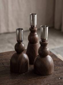 1/3/6Pcs Wood Grain Metal Candle Holder Set, Modern Taper Candle Holders With Metallic Cups, Decorative Candlestick Stand For Dining Table, Home Decor, Wedding, Party, Living Room, Boho Decor, Centerpiece, Holiday Gift. - Fashion Design - View 1