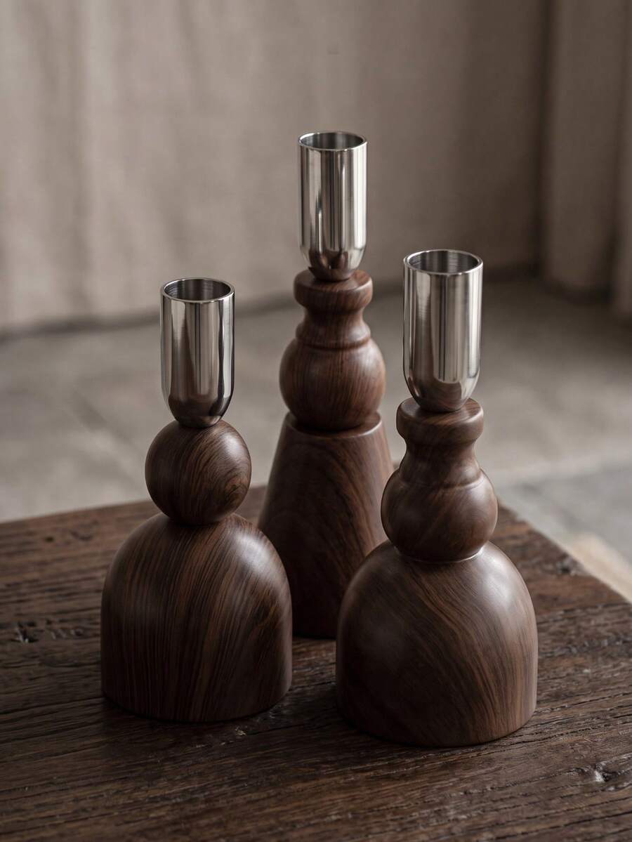 1/3/6Pcs Wood Grain Metal Candle Holder Set, Modern Taper Candle Holders With Metallic Cups, Decorative Candlestick Stand For Dining Table, Home Decor, Wedding, Party, Living Room, Boho Decor, Centerpiece, Holiday Gift. - Fashion Design - View 1