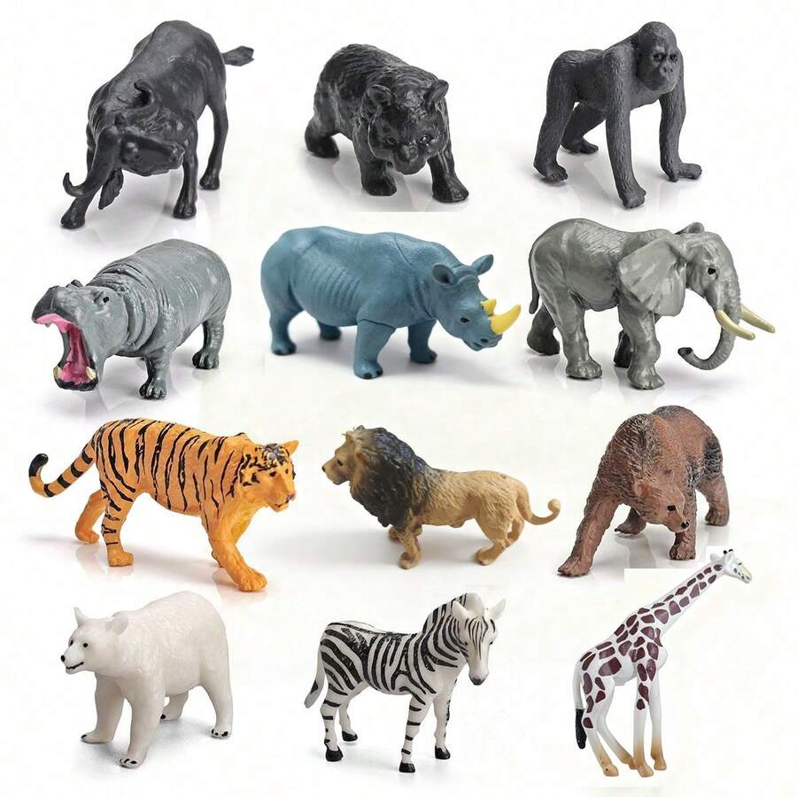 12 Buah Model Hewan Realistis, Mainan Model Hewan Liar Mini, Mainan Edukasi Sains, Mainan Pembelajaran, Harimau, Gajah, Singa - MultiWarna - View 1