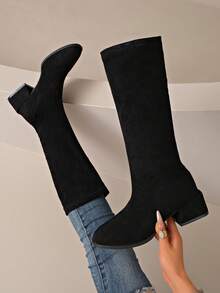JINWUYIPIN 女款彈性麂皮粗跟高筒靴，百搭圓頭修腿高筒靴 - 黑色 - 查看 1