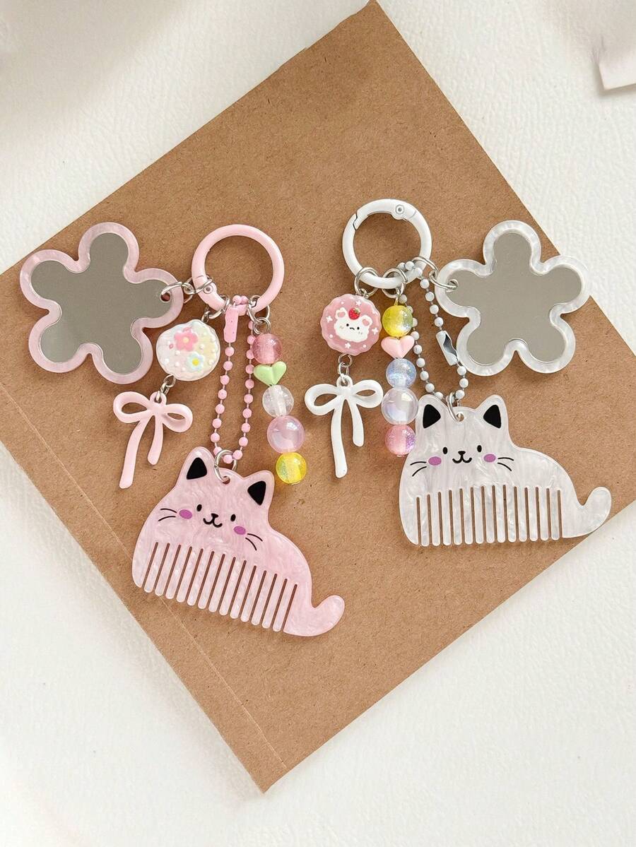 1pc Cute Cat Comb Keychain Flower Small Mirror Beaded Pendant Girl Style Bag Charm Phone Strap - Multicolor - View 1