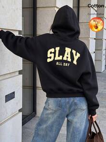 كنزة نسائية، كنزة فضفاضة بأكمام طويلة مبطنة بالصوف للخريف/الشتاء، تتميز بطباعة "Slay All Day" - الأسود - مشاهدة 1