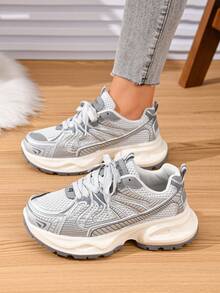 Sepatu Wanita Fashion Colorblock Kulit PU Bertali Nyaman Bernapas untuk Aktivitas Luar Ruangan Sepanjang Musim - Light Grey - View 3