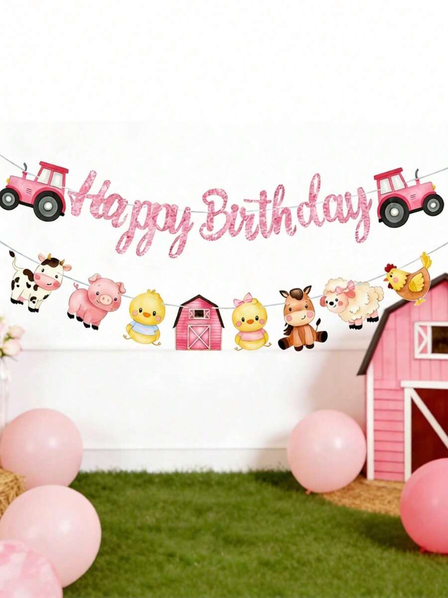 1pc Pink Farm Theme Birthday Banner, Tractor, Small Animals, Farm Red House Decorations, Suitable For Birthday Party Decor - Multiple Styles - View 1