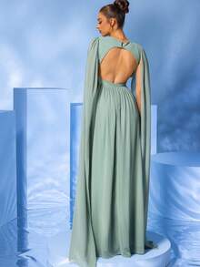 LOVE&LEMONADE Gaun Pesta Malam Wanita Elegan Warna Hijau Mint Berbahan Chiffon yang Mengalir, Leher Bulat, dan Belahan Ekstra Panjang - Mint Green - View 6