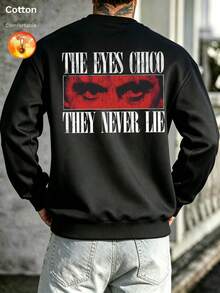 كنزة رجالية للخريف/الشتاء مبطنة حرارياً بياقة طاقم وقصة فضفاضة، مطبوعة بنص "THE EYES CHICO THEY NEVER LIE" ورسمة العين - الأسود - مشاهدة 11