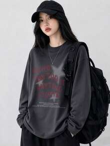 Women's Round Neck Long Sleeve T-Shirt, Spring/Autumn New Star Pattern And Letter Print, Fashion Casual Versatile Loose Top - Dark Gray - View 1