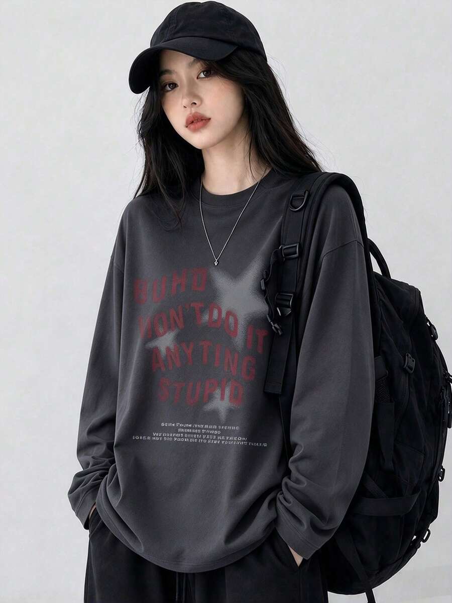 Women's Round Neck Long Sleeve T-Shirt, Spring/Autumn New Star Pattern And Letter Print, Fashion Casual Versatile Loose Top - Dark Gray - View 1
