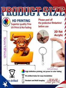 2D Flat Acrylic Keychain, Cute Highland Cow Letter Pendant, Farm Animal Cartoon Key Ring, Novelty Car Key Backpack Handbag Charm, Kawaii Country Style Gift For Friends And Cow Lovers - Multicolor - View 3