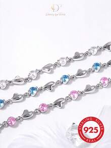 1pc Gentle Romantic 925 Sterling Silver Metal Heart-Shaped Rhinestone Inlaid Adjustable Chain Bracelet Women's Dating Accessory - Pink - View 4