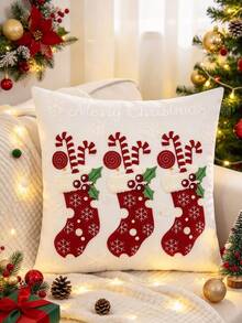 Miater 1件/2件裝聖誕糖果襪毛巾刺繡枕套，Merry Christmas雪花刺繡靠墊套，客廳沙發節日裝飾枕套，不含枕芯 - 彩色 - 查看 2