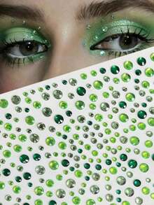 325pcs Green Rhombus Face Stickers, Face Decoration Rhinestone Stickers, Self-Adhesive Rhinestone Stickers, Multiple Sizes Available, Suitable For Face, Eyes And Body - White - View 1