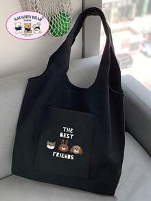 1件米色可愛兔子英文印花女款帆布托特包，背心包，購物袋 - 黑色 - 查看 2