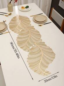1pc Luxury Feather Hollow PVC Table Runner, Gold Full Feather Design Waterproof Washable Dining Table Decor Placemat - Gold - View 11