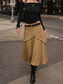 Vuslat Women's Winter Khaki Asymmetrical Layered High-Waisted Skirt (With Belt) For Commuting, Office, Parties, Countryside, And Shopping - Khaki - View 3