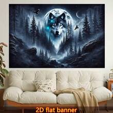 1pc 2D Flat Moonlight Mysterious Forest Wolf Tapestry - Horizontal Wolf Shape Wall Hanging, Suitable For Living Room, Bedroom, Office Decoration, Night Sky Pattern, Non-Glowing Printed Fabric, Suitable For Meditation Room And Party Decoration, 2D Flat Design - Multicolor - View 7
