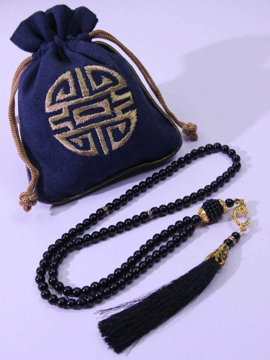 99-Bead 6mm Embroidered Storage Bag Tasbih Prayer Beads Set, Solid Color Muslim Prayer Beads With Tassel Pendant, Islamic Prayer Accessory Gift - Multicolor - View 1