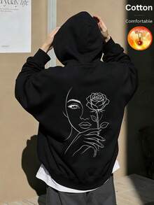 Men's Fleece Hoodie, Back Face And Rose Line Print, Y2K Style, Autumn/Winter - Black - View 11
