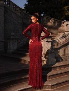 LOVE&LEMONADE Charming Burgundy Deep V-Neck Long Sleeve Sequin Fringe Layered Hem Holiday Party Dress - Burgundy - View 5